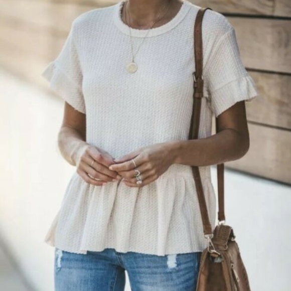 Figleaffashion Tops - New Cream Thermal Peplum Sweater Knit Top Blouse